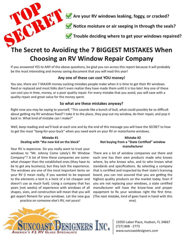 Cover of the free report, The Secret to Avoiding the 7 Biggest Mistakes When Choosing an RV Window Repair Company